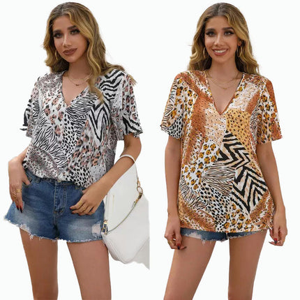 Women V Neck Short Sleeve Leopard Print Tops Casual Loose T-Shirts