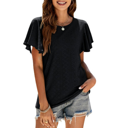 Women Round Neck Ruffle Short Sleeve Tops Eyelet Loose Fit T-Shirts