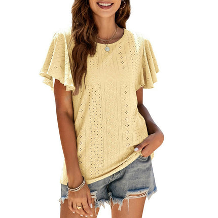 Women Round Neck Ruffle Short Sleeve Tops Eyelet Loose Fit T-Shirts