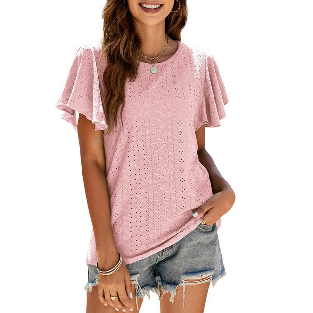 Women Round Neck Ruffle Short Sleeve Tops Eyelet Loose Fit T-Shirts