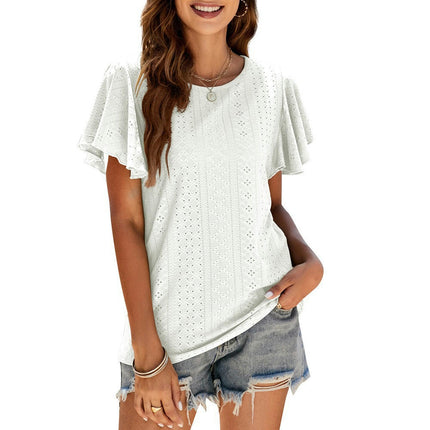 Women Round Neck Ruffle Short Sleeve Tops Eyelet Loose Fit T-Shirts