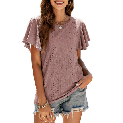 Women Round Neck Ruffle Short Sleeve Tops Eyelet Loose Fit T-Shirts