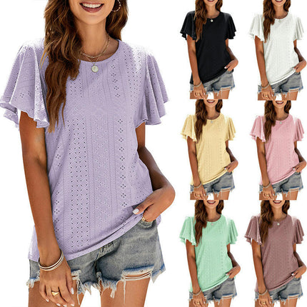 Women Round Neck Ruffle Short Sleeve Tops Eyelet Loose Fit T-Shirts