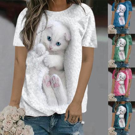 Women Round Neck Short Sleeve Cat Printed Tops Loose Fit T-Shirts