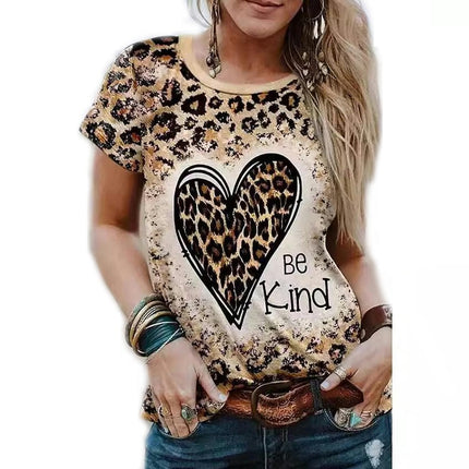 Women Round Neck Short Sleeve Tops Leopard Printed Loose T-Shirts