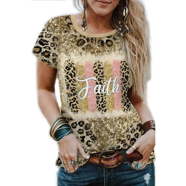 Women Round Neck Short Sleeve Tops Leopard Printed Loose T-Shirts