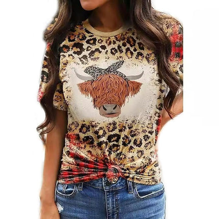 Women Round Neck Short Sleeve Tops Leopard Printed Loose T-Shirts