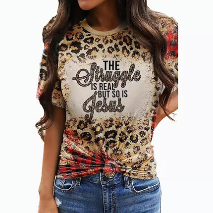 Women Round Neck Short Sleeve Tops Leopard Printed Loose T-Shirts