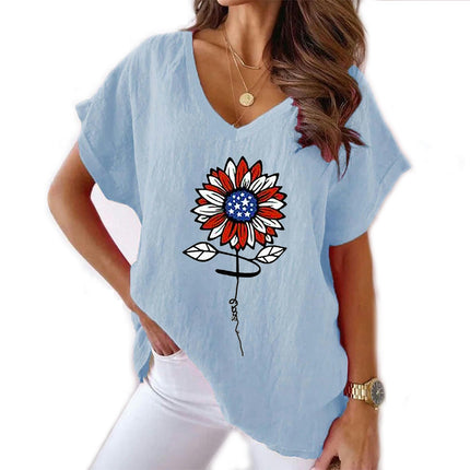 Women V Neck Cotton Linen Top Casual Floral Print Short Sleeve Summer Loose T Shirt