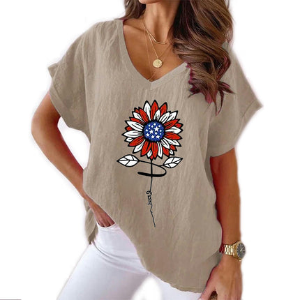 Women V Neck Cotton Linen Top Casual Floral Print Short Sleeve Summer Loose T Shirt