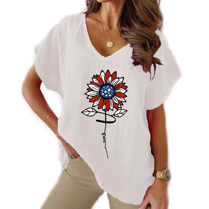 Women V Neck Cotton Linen Top Casual Floral Print Short Sleeve Summer Loose T Shirt