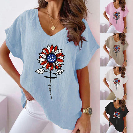 Women V Neck Cotton Linen Top Casual Floral Print Short Sleeve Summer Loose T Shirt