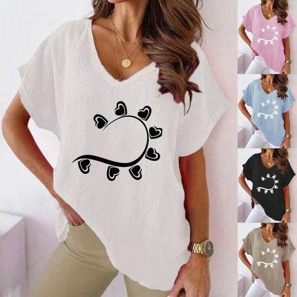 Womens Short Sleeve Cotton Linen Shirts Causal V-Neck Batwing T-Shirt Loose Summer Tops