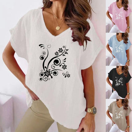 Womens Short Sleeve Cotton Linen Shirts Causal V-Neck Batwing T-Shirt Loose Tops