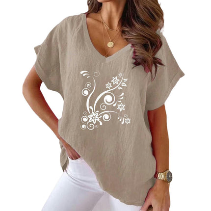 Womens Short Sleeve Cotton Linen Shirts Causal V-Neck Batwing T-Shirt Loose Tops