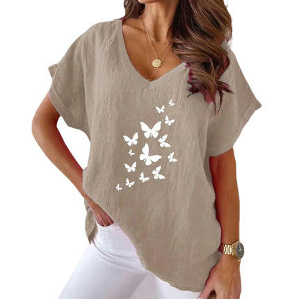 Womens Summer Short Sleeve Cotton Linen Shirts Causal V-Neck Batwing T-Shirt Loose Tops