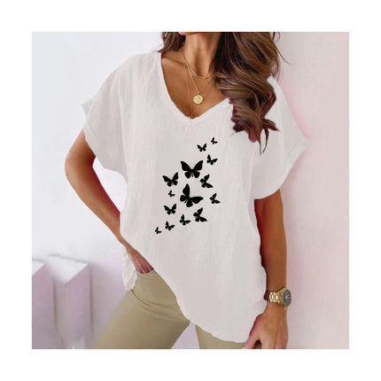 Womens Summer Short Sleeve Cotton Linen Shirts Causal V-Neck Batwing T-Shirt Loose Tops