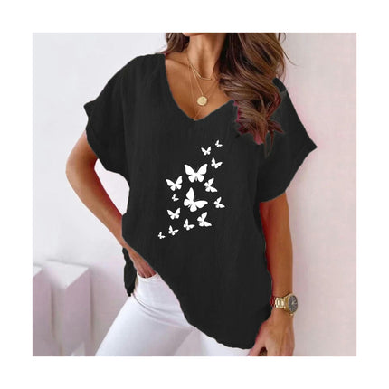 Womens Summer Short Sleeve Cotton Linen Shirts Causal V-Neck Batwing T-Shirt Loose Tops