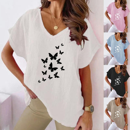 Womens Summer Short Sleeve Cotton Linen Shirts Causal V-Neck Batwing T-Shirt Loose Tops