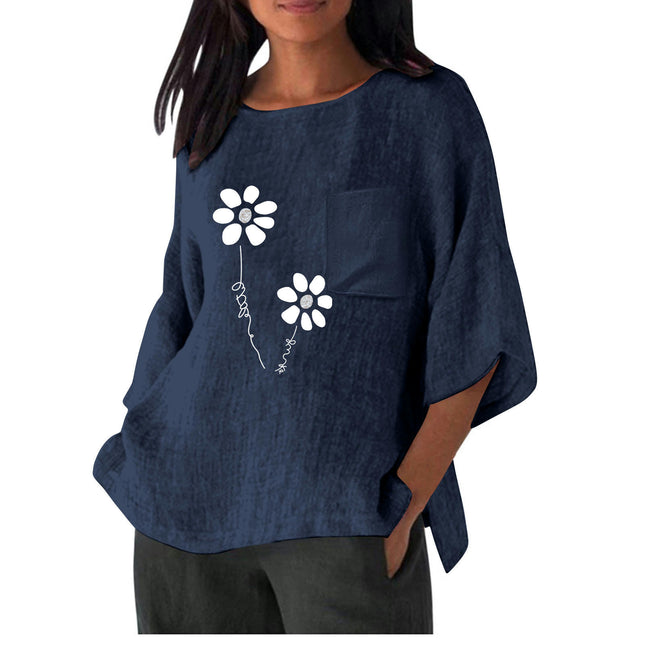 Women's Cotton Linen Round Neck Top 3/4 Sleeve Loose Summer Blouses