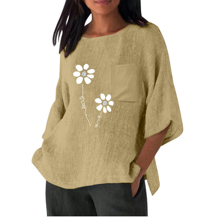 Women's Cotton Linen Round Neck Top 3/4 Sleeve Loose Summer Blouses