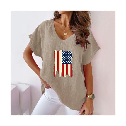 Womens Summer Short Sleeve Cotton Linen V-Neck T-Shirt Casual Loose Tops