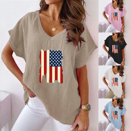 Womens Summer Short Sleeve Cotton Linen V-Neck T-Shirt Casual Loose Tops