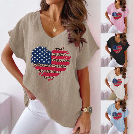 Women's Summer Cotton Linen Short Sleeve Tops Casual V Neck Loose Fit T-Shirt