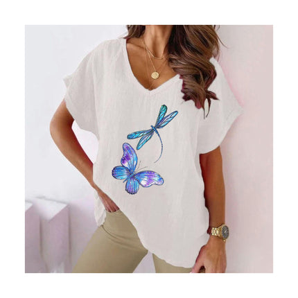 Women's Summer Cotton Linen Short Sleeve Printed Tops Casual V Neck Loose Fit T-Shirt