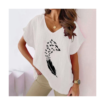 Women's Summer Cotton Linen Short Sleeve Tops Casual V Neck Loose Fit Printed T-Shirt