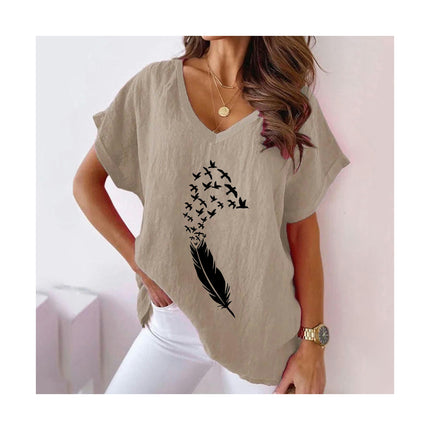 Women's Summer Cotton Linen Short Sleeve Tops Casual V Neck Loose Fit Printed T-Shirt