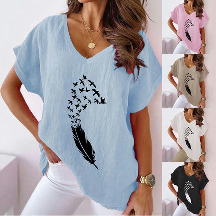 Women's Summer Cotton Linen Short Sleeve Tops Casual V Neck Loose Fit Printed T-Shirt