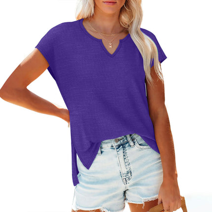 Women's Summer V Neck Top Casual Short Sleeve Split Hem Loose T Shirt