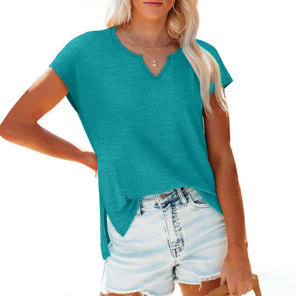 Women's Summer V Neck Top Casual Short Sleeve Split Hem Loose T Shirt