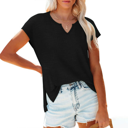 Women's Summer V Neck Top Casual Short Sleeve Split Hem Loose T Shirt