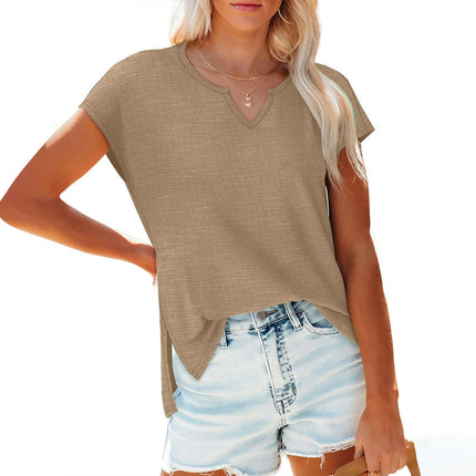 Women's Summer V Neck Top Casual Short Sleeve Split Hem Loose T Shirt