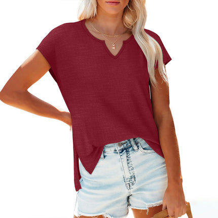 Women's Summer V Neck Top Casual Short Sleeve Split Hem Loose T Shirt