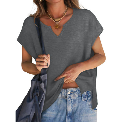 Women's Summer V Neck Top Casual Short Sleeve Split Hem Loose T Shirt