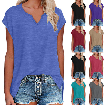 Women's Summer V Neck Top Casual Short Sleeve Split Hem Loose T Shirt