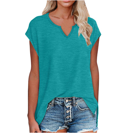 Women's Summer V Neck Top Casual Short Sleeve Split Hem Loose T Shirt