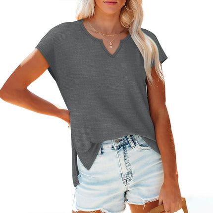 Women's Summer V Neck Top Casual Short Sleeve Split Hem Loose T Shirt