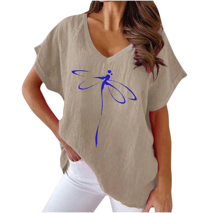 Women Summer Cotton Linen Tops Casual Loose Fit Short Sleeve V Neck T Shirt