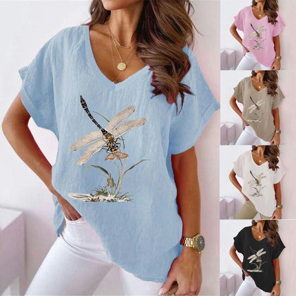 Women's Summer Cotton Linen Printed Short Sleeve Tops Casual V Neck Loose Fit T-Shirt