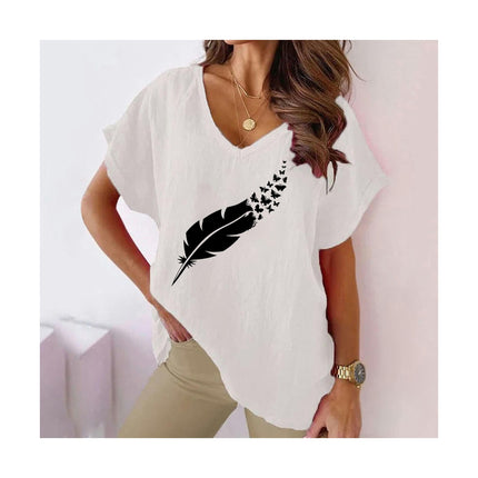 Women Summer Casual V Neck Cotton Linen Tops Loose Fit Short Sleeve Printed Tee Shirt