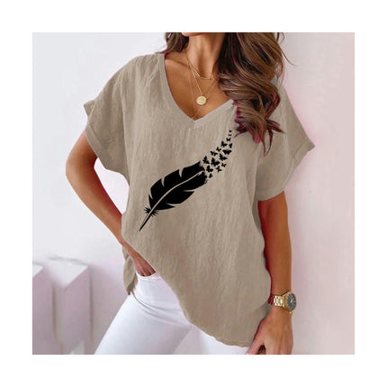 Women Summer Casual V Neck Cotton Linen Tops Loose Fit Short Sleeve Printed Tee Shirt