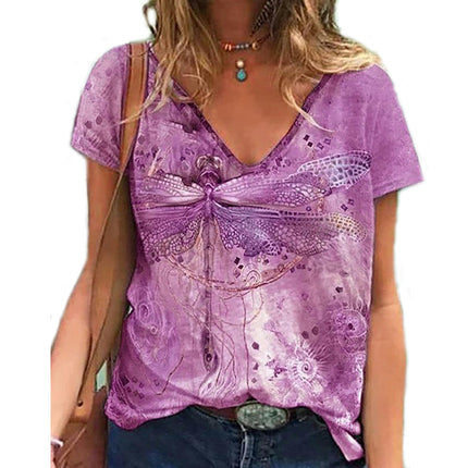 Womens Short Sleeve Tops Summer T Shirt Casual V Neck Printed Blouse Tees