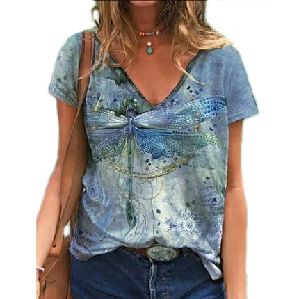 Womens Short Sleeve Tops Summer T Shirt Casual V Neck Printed Blouse Tees