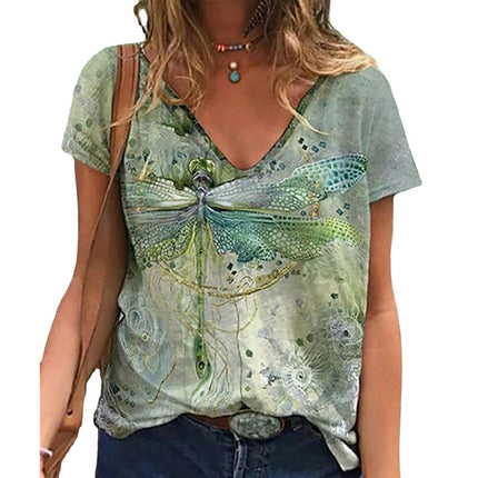 Womens Short Sleeve Tops Summer T Shirt Casual V Neck Printed Blouse Tees