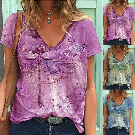 Womens Short Sleeve Tops Summer T Shirt Casual V Neck Printed Blouse Tees