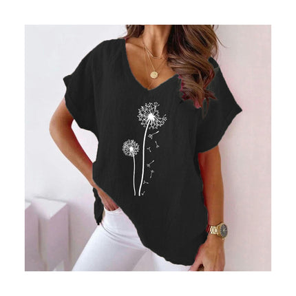 Women Summer Cotton Linen Short Sleeve V Neck Loose Fit Tops Print T-Shirts